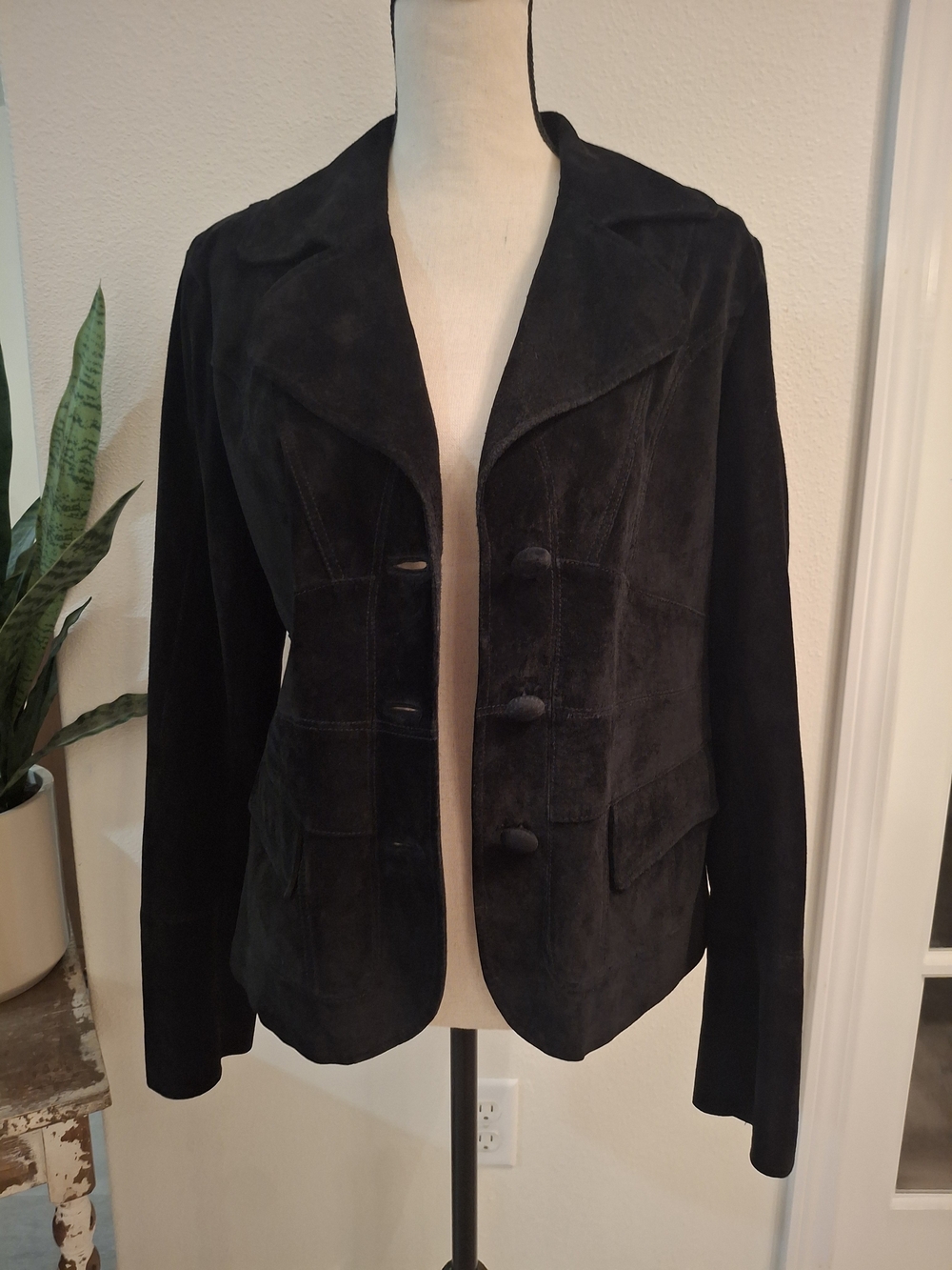 Women's Black Suede Button-Front Leather Jacket